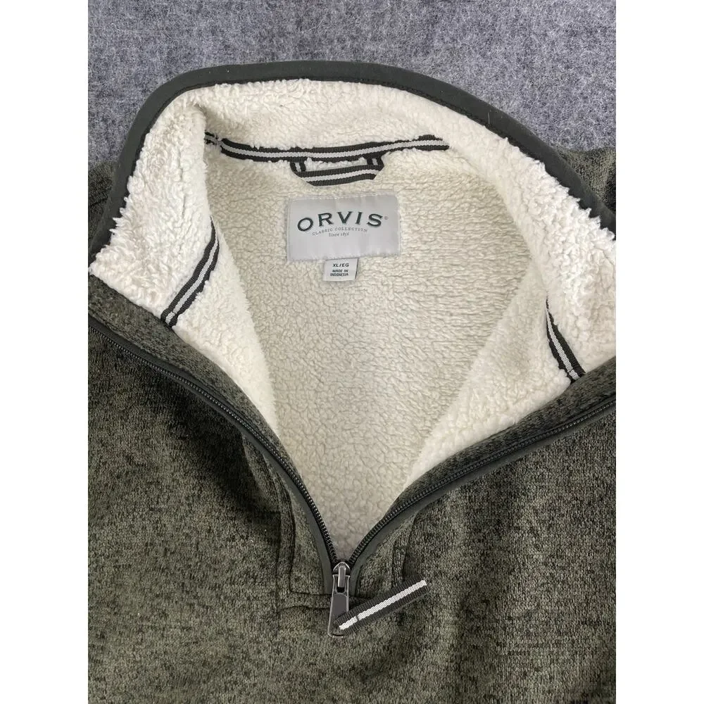 Orvis Sweater Mens Extra Large Green Sherpa Lined Jacket Quarter Zip N305
